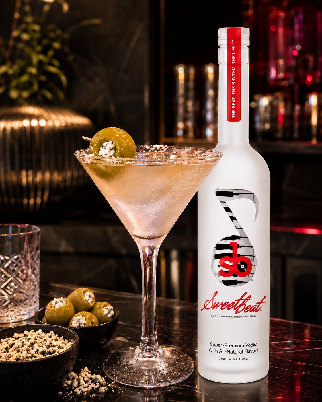 SweetBeat Dirty Bleu Martini with stuffed olives