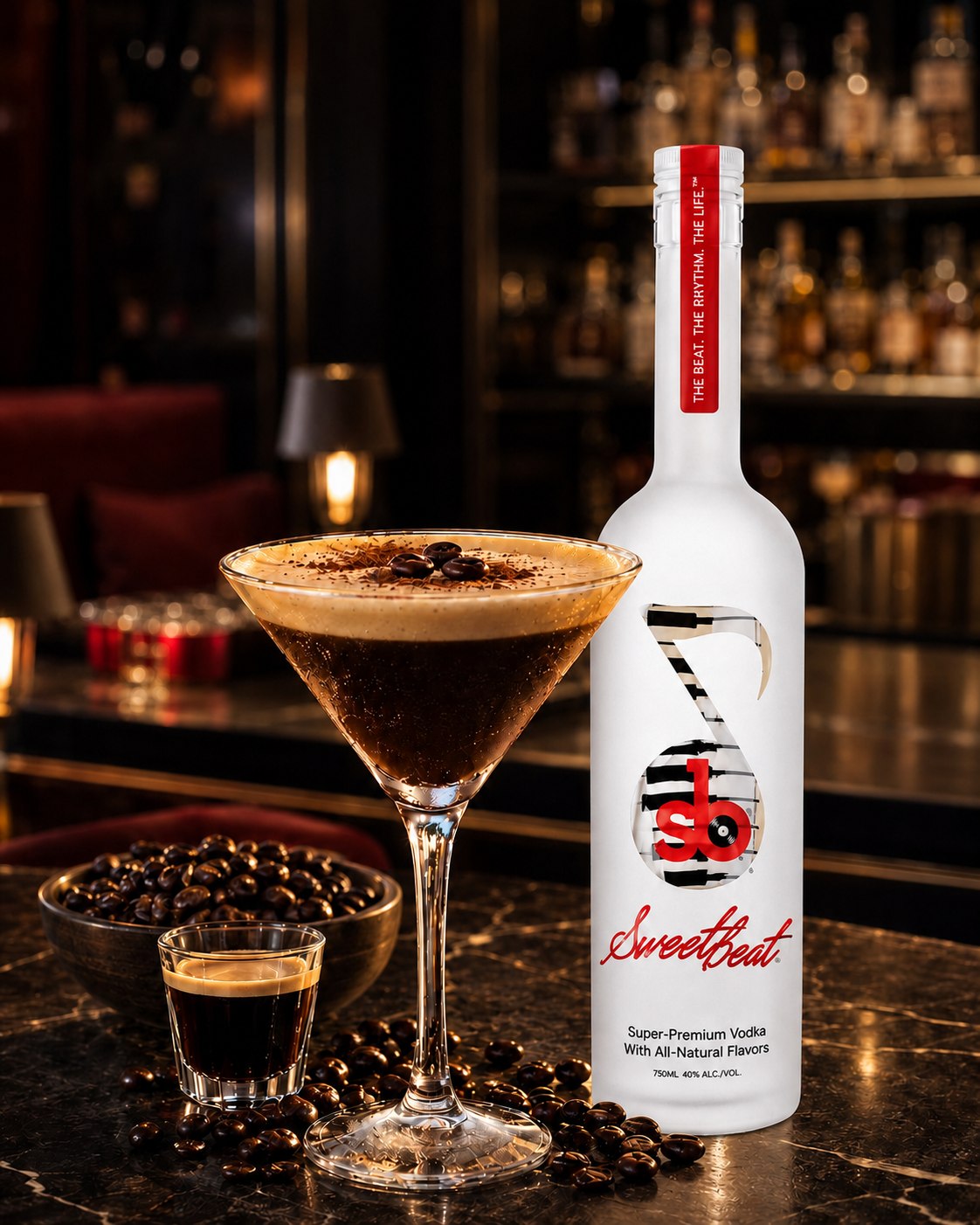 SweetBeat Espresso Martini with a bottle and espresso shot