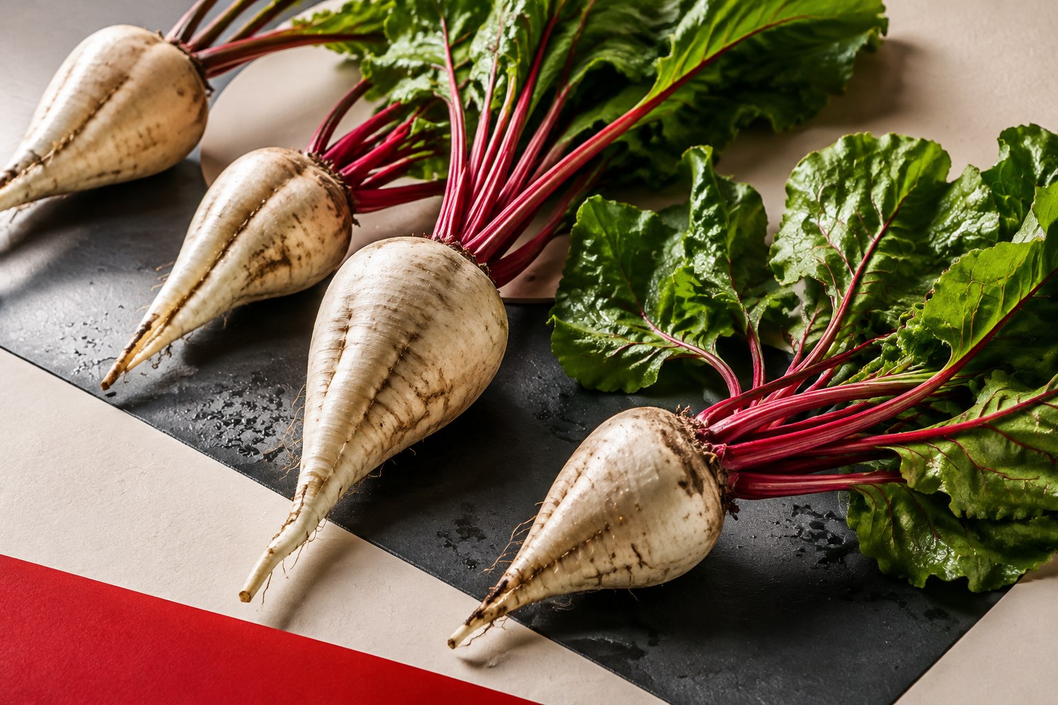 White sugar beets and red-stem beet greens arranged in a lively editorial still life